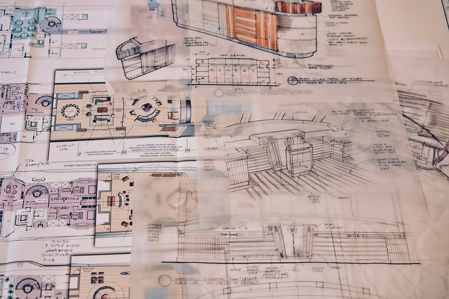 Sketches of the future yacht are born on paper, like in the old days. But without the help of computers nowhere to go.