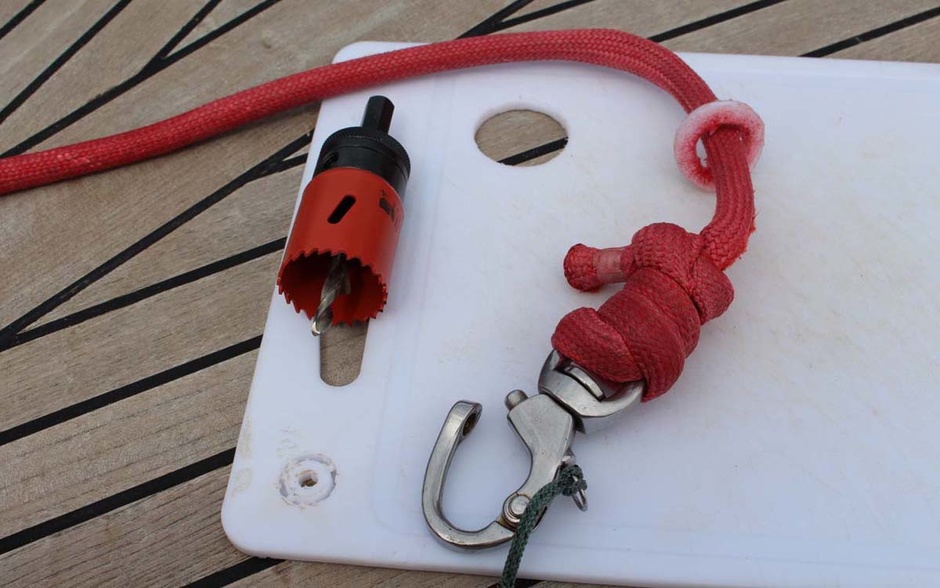 The same chopping board from which the Beneteau Oceanis 55 Julia crew carved the bushing to prevent the halyard from being overlapped.