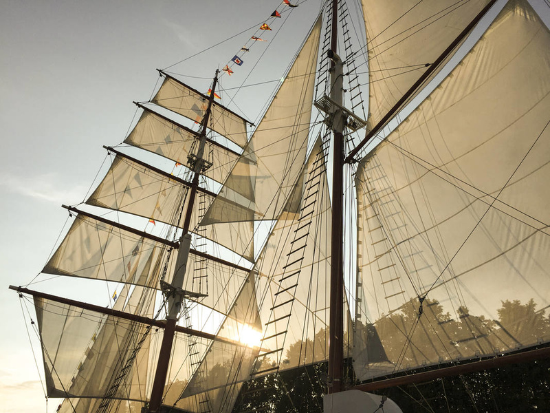 Breaking through the sun's rays, a game of light and shadow on the sprawling sails. Photo by Kate Pigulevskaia