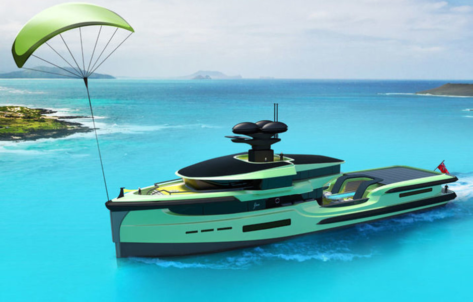 Green Expedition с прикрепленным к носу парашютом Skysails