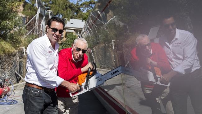 Bob Otley and Wild Oats XI skipper Mark Richards inspect the boat after last year's upgrade.