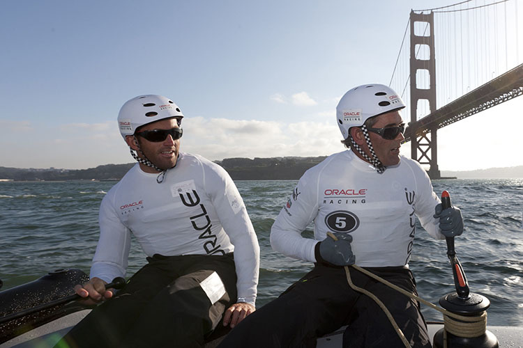 Ben Ainsley on board the Oracle Racing catamaran.