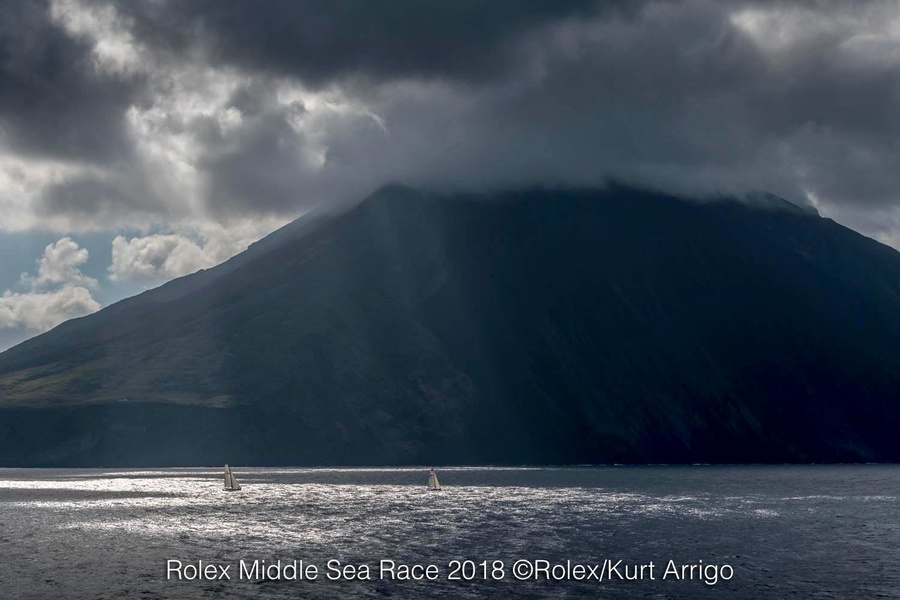 RMSR boats against the background of Volcano Stromboli