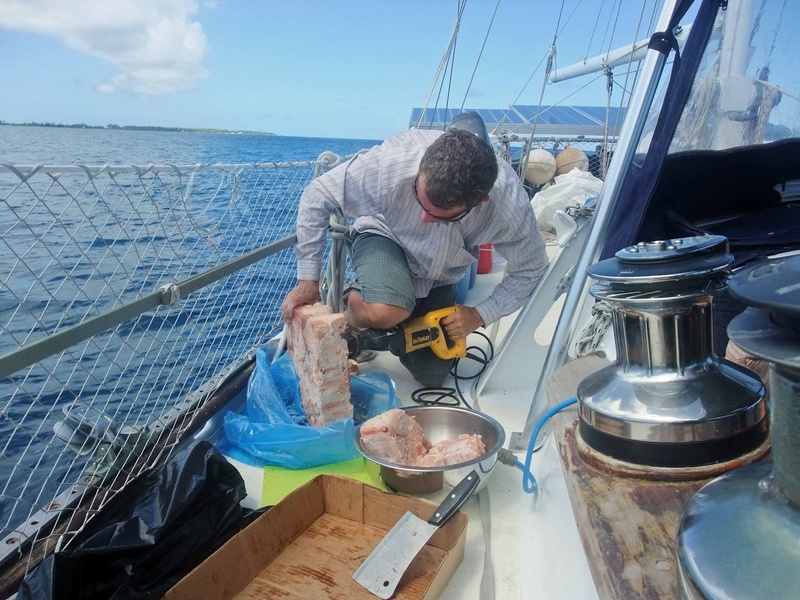 Cutting meat on a yacht