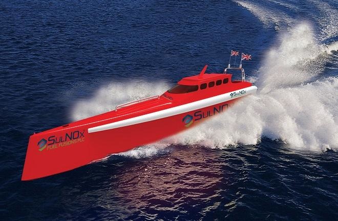 Supposedly, that's what a vessel under construction would look like.  SulNOx is the name of the company producing special emulsion fuel for the boat.