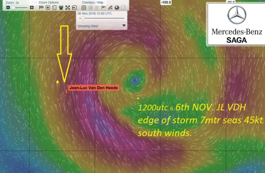 Wind direction and strength in the area where Jean-Luc van den Heede is at 12:00 UTC on November 6.